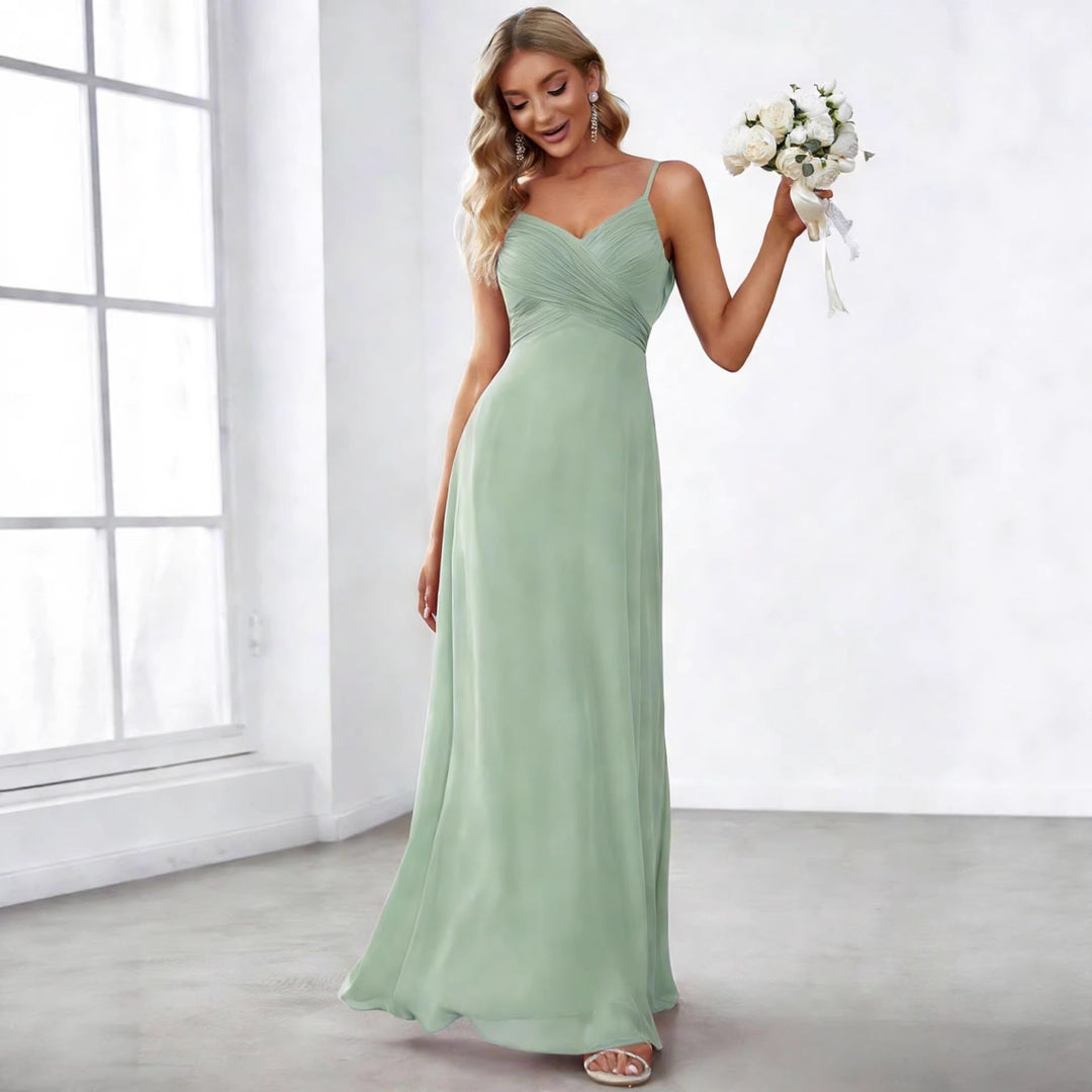Damen nan fließendes Chiffon-Abendkleid mit überkreuzter Drapage, Empire-Taille und feinen Spaghettiträgern Echo Archiv