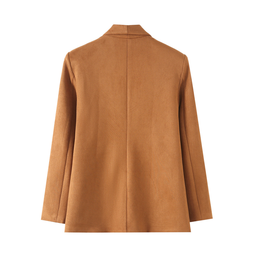 Damen lang geschnittener Blazer im Wildleder‑Imitat mit weichem Schalkragen und paspelierten Leistentaschen – Valéne
