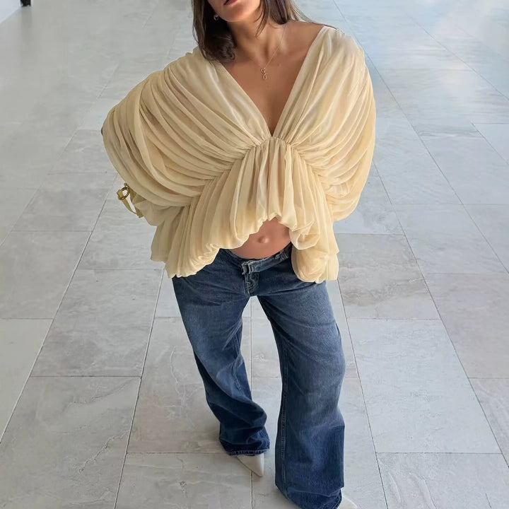 Damen Drapiertes Chiffon-Top mit V-Ausschnitt und voluminösen Fledermausärmeln Echoarchiv