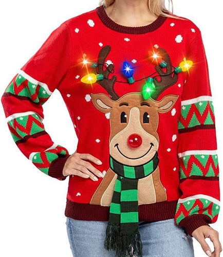 Damen nan weihnachtlicher Strickpullover mit Rentierapplikation integrierter Lichterkette und dreidimensionalem Nasenpompom Echo Archiv