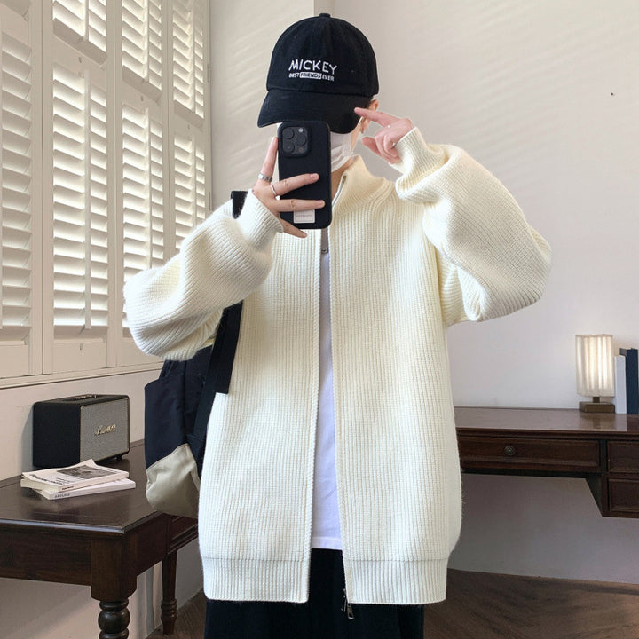 Herren Oversized Strick‑Zipjacke mit hohem Stehkragen und feiner Rippstruktur Echoarchiv