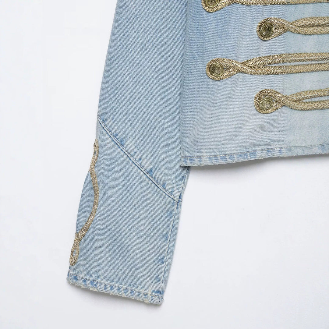 Damen Kurzer Denim-Militärblouson mit dekorativen Kordeln und Stehkragen Echo Archiv