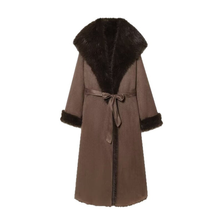 Damen Langer Lammfellimitat-Mantel mit Kapuze, Bindegürtel und Faux‑Fur‑Besatz Echo Archiv
