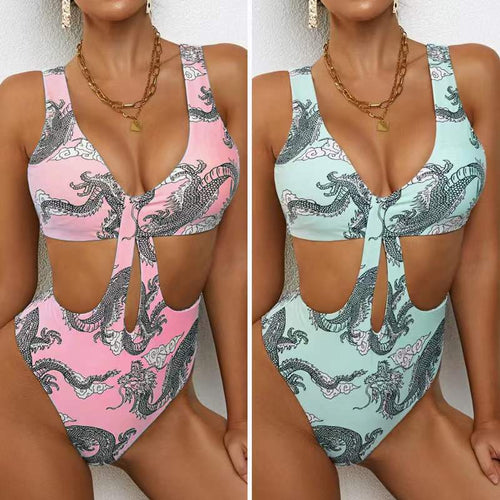 Damen Cut-Out Badeanzug mit elegantem V-Ausschnitt und grafischem Drachenmuster Echo Archiv