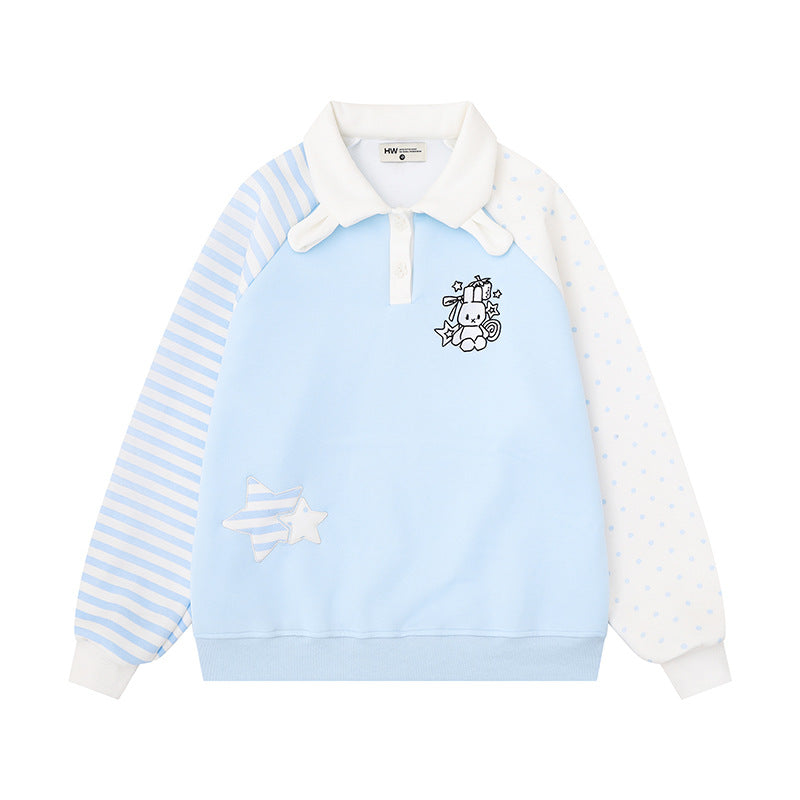 Damen Langarm-Polo-Sweatshirt im Patchwork-Stil mit kontrastierenden Ärmeln und Stern-Applikationen Echoarchiv