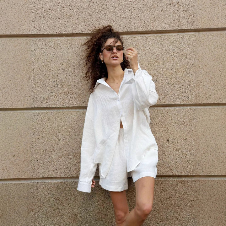 Damen lässige Leinenbluse und Shorts Set Echoarchiv