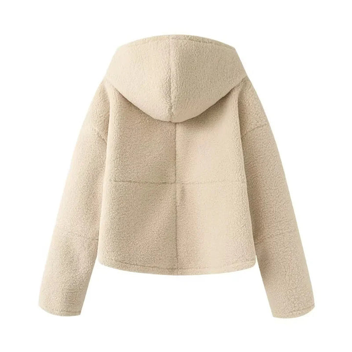 Damen kurze Teddy-Fleece Kapuzenjacke mit Reißverschluss und großen Fronttaschen – Célinea