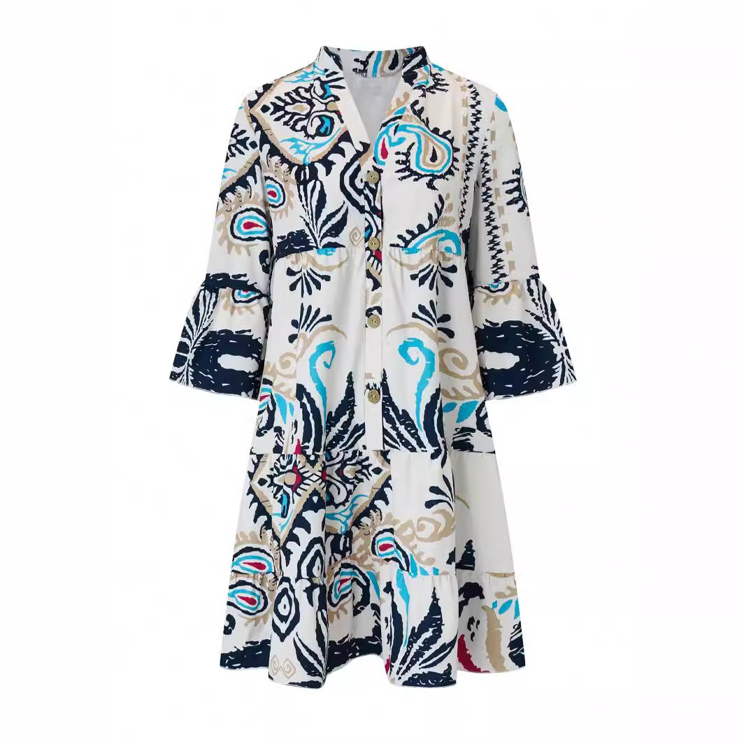 Damen Lässiges Stufenkleid mit Tellerrock und Trompetenärmeln – Avérine