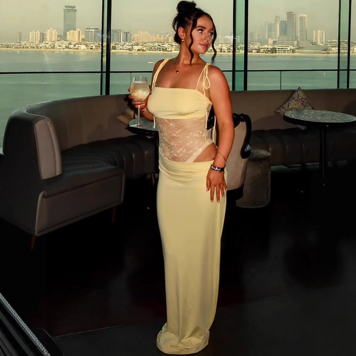 Damen elegantes langes Kleid mit raffiniertem Spitzenoberteil und verstellbaren Trägern Echo Archiv