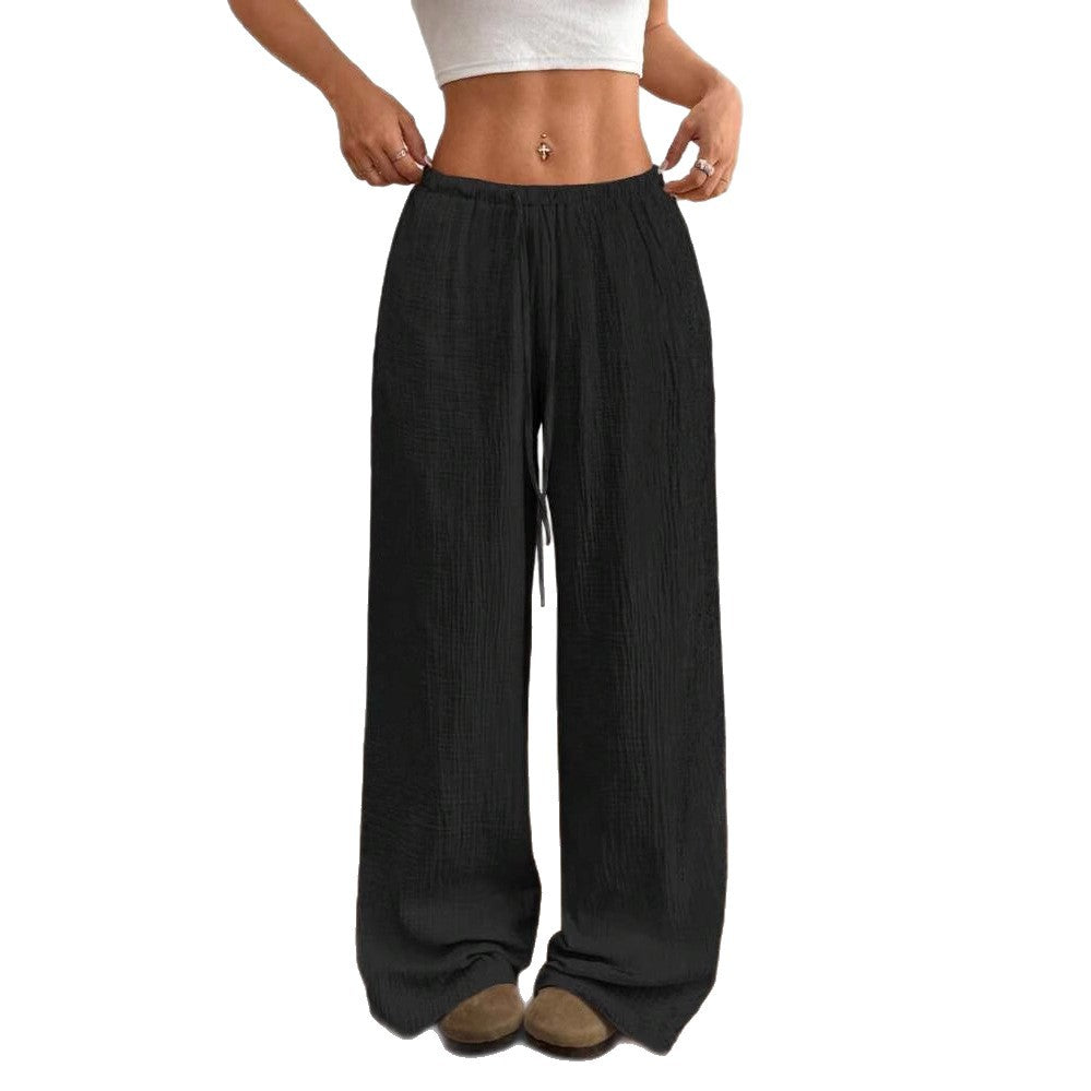 Damen weite Leinenoptik-Loungehose mit hohem Gummibund, Kordelzug & Crinkle-Struktur – Avérine