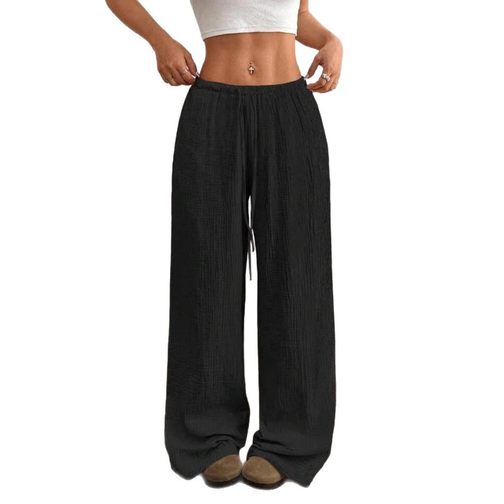 Damen weite Leinenoptik-Loungehose mit hohem Gummibund, Kordelzug & Crinkle-Struktur – Avérine