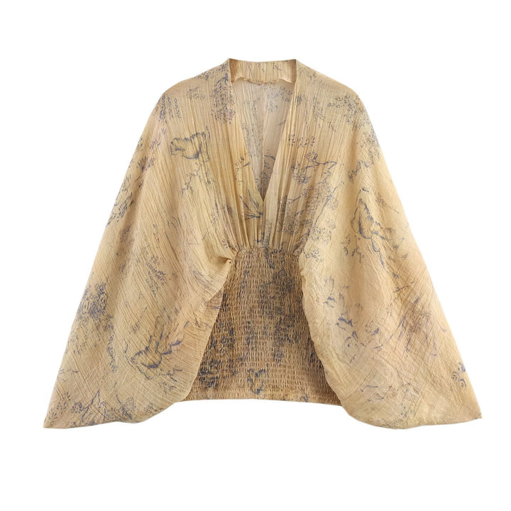 Damen 1000+ leichtes Cropped Kimono‑Top mit Smockbund und tiefem V‑Ausschnitt Echo Archiv