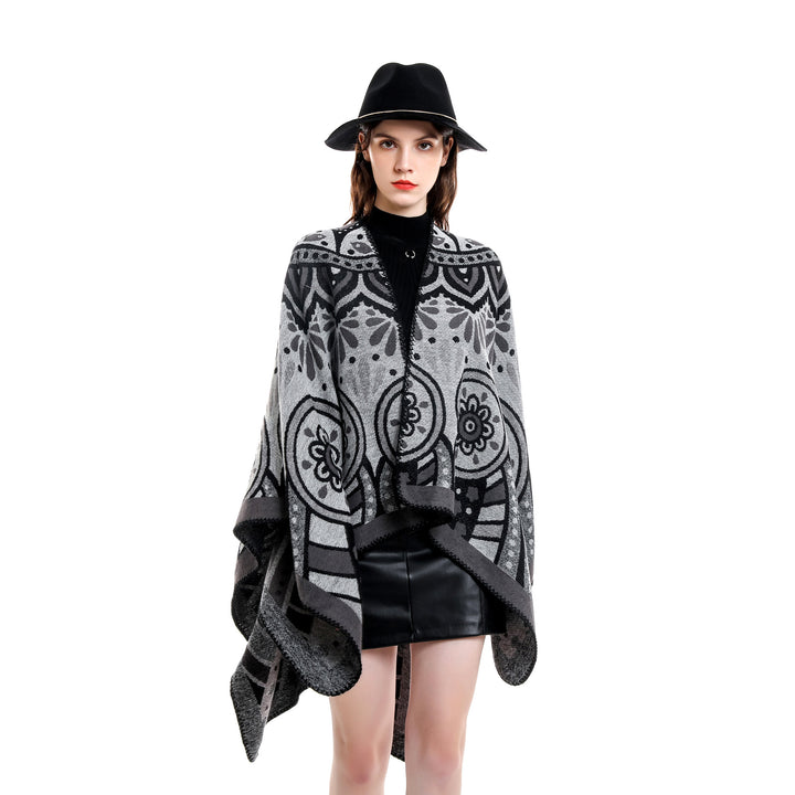 Damen Wollmix-Umhangponcho mit ornamentaler Jacquardstruktur und offenem Fall – Montévia