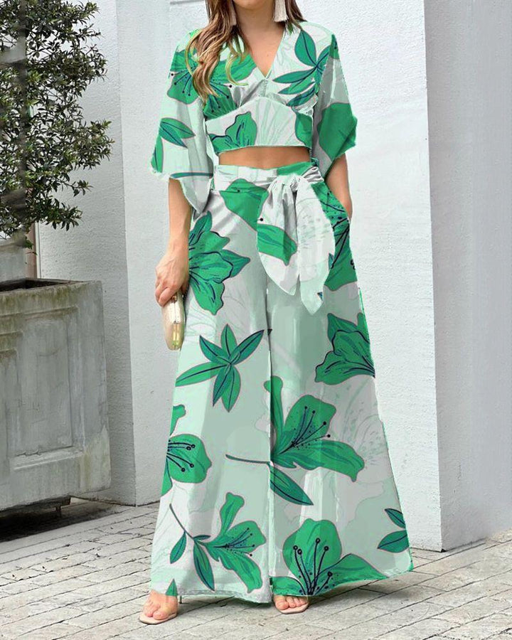Damen Zwei-Teiler Sommer Set mit Wickel-Crop-Top und Hochtaillierten Palazzo-Hosen EB – Élanora