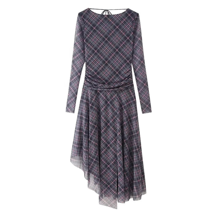 Damen nan asymmetrisches Midikleid mit Karomuster, geraffter Taille und schwingendem Stufenrock Echo Archiv