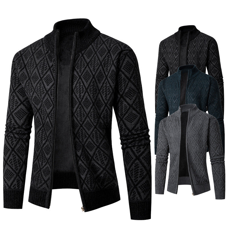 Herren Strickzipjacke mit Diamantjacquard, Stehkragen und Zweiwege-Reißverschluss Echo Archiv