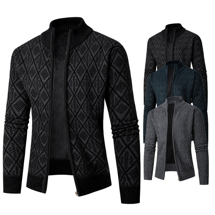Herren Strickzipjacke mit Diamantjacquard, Stehkragen und Zweiwege-Reißverschluss Echo Archiv