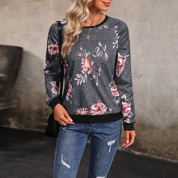 Damen Lässiges Raglan-Sweatshirt mit floralem Print und Rippbündchen Echoarchiv