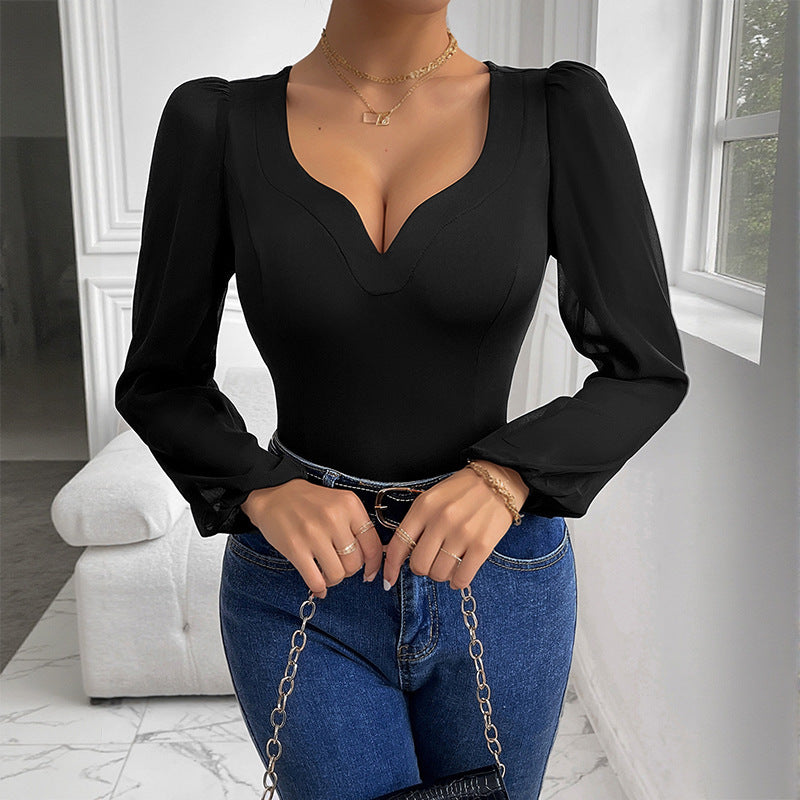 Damen Eleganter Bodys mit V-Ausschnitt und Puffärmeln Echo Archiv