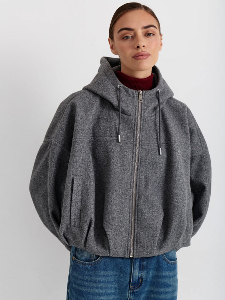 Damen Kurzjacke aus Wollmix mit Kapuze, kastiger Boxy‑Silhouette & gerafftem Saum Echoarchiv