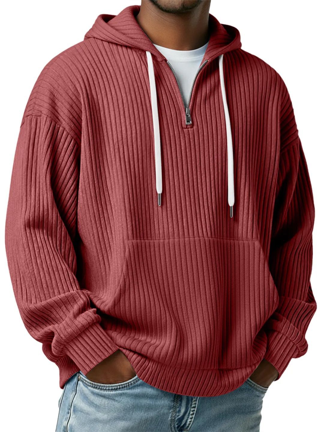Herren gerippter Halfzip-Hoodie mit Kapuze, Kängurutasche und oversized Casual-Schnitt – Cavarno