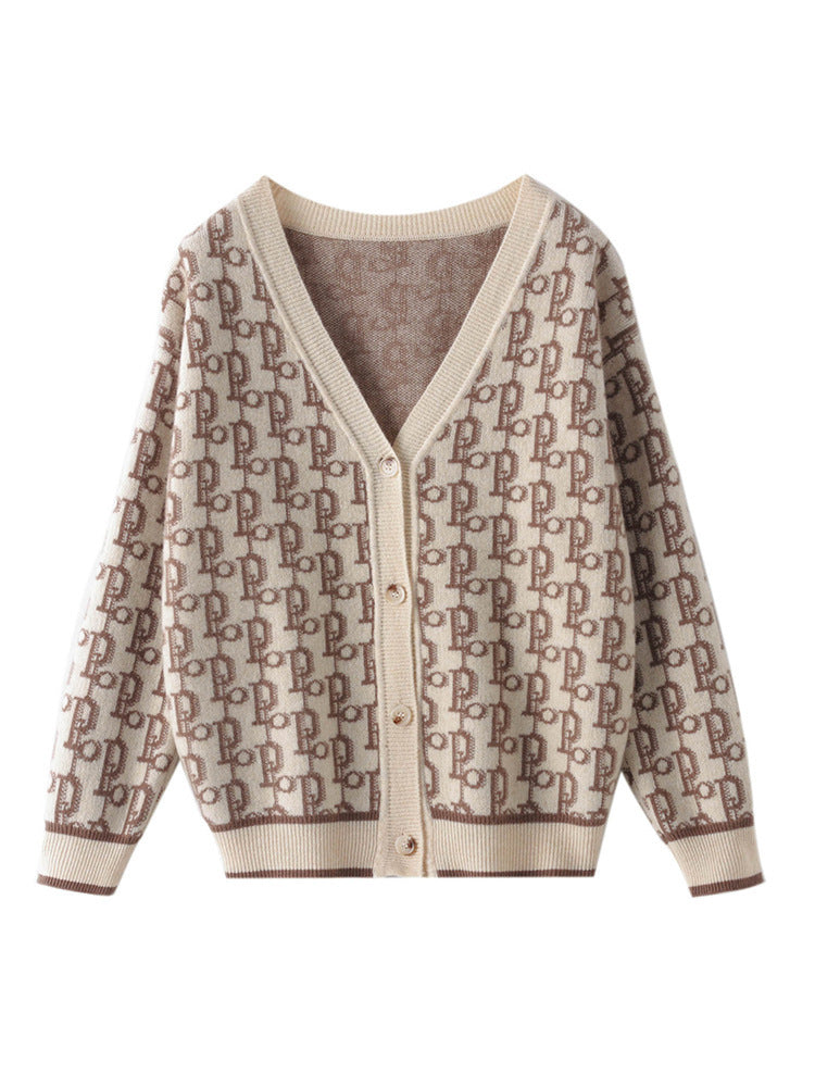 Damen Gemusterter Jacquard-Strickcardigan mit V-Ausschnitt und Perlmuttknöpfen Echoarchiv