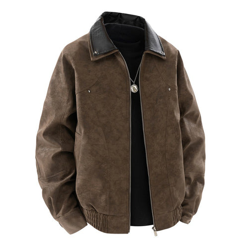 Herren Nano-Velours-Look Bomberjacke mit Kontrastkragen aus strukturiertem Kunstleder und elastischem Saum – Brevano