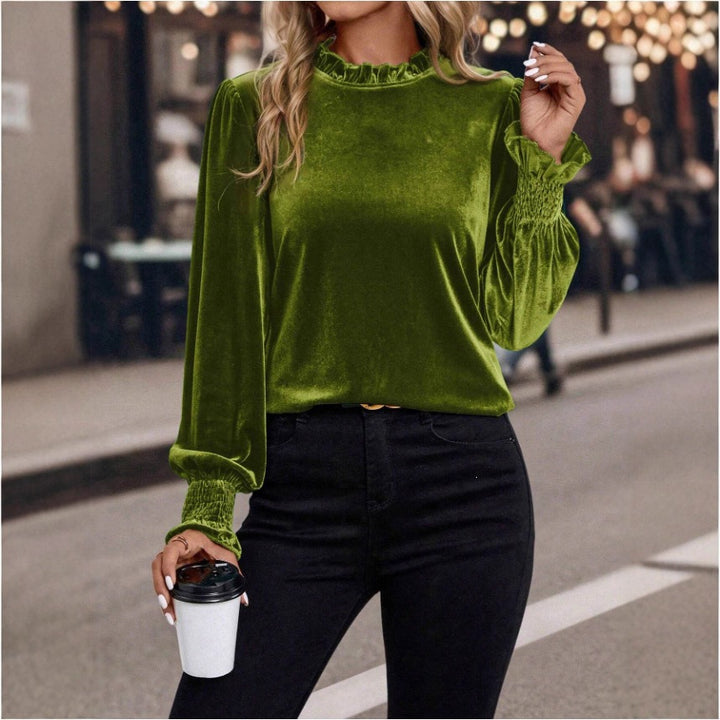 Damen Samtbluse mit Rüschenkragen, Ballonärmeln und Stretch-Smock-Bündchen – Élovi