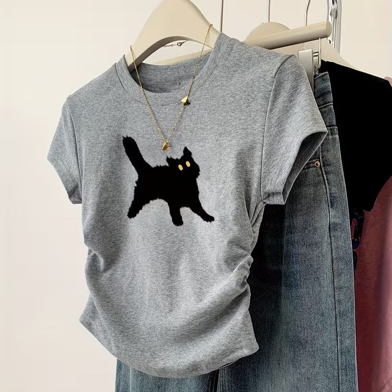Damen T-Shirt mit kreativem Katzenmotiv und lässigem Schnitt Echo Archiv