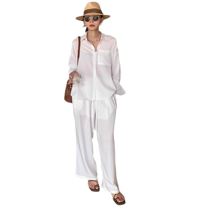 Damen Zweiteiliges Leichtes Loungewear-Set mit Oversize-Hemd und weiter Kordelbund-Hose – Élanora