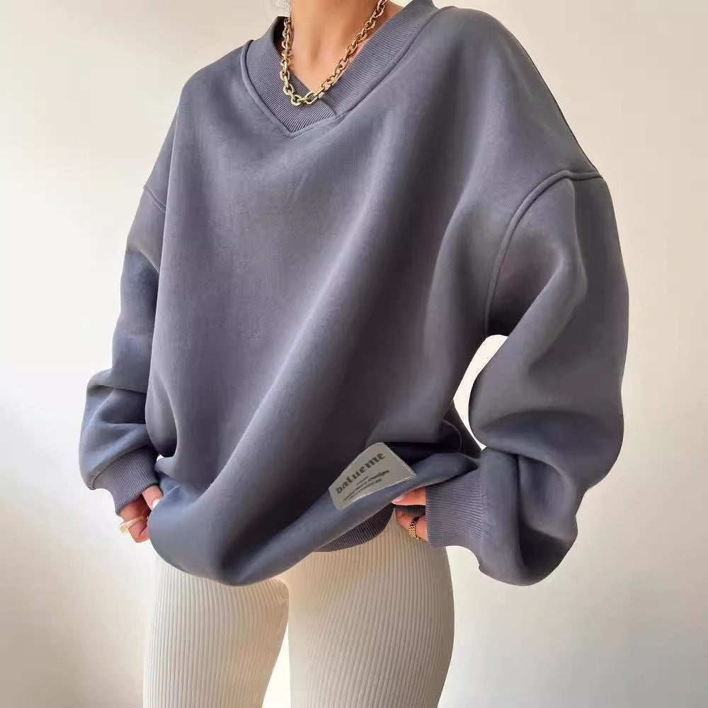 Damen Oversized Sweatshirt mit V-Ausschnitt und geripptem Kragen Echoarchiv