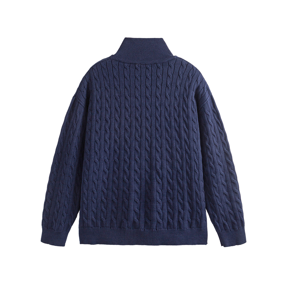 Unisex Grobgestrickter Zopfmuster-Pullover mit Halbzip und hohem Rippkragen Echoarchiv