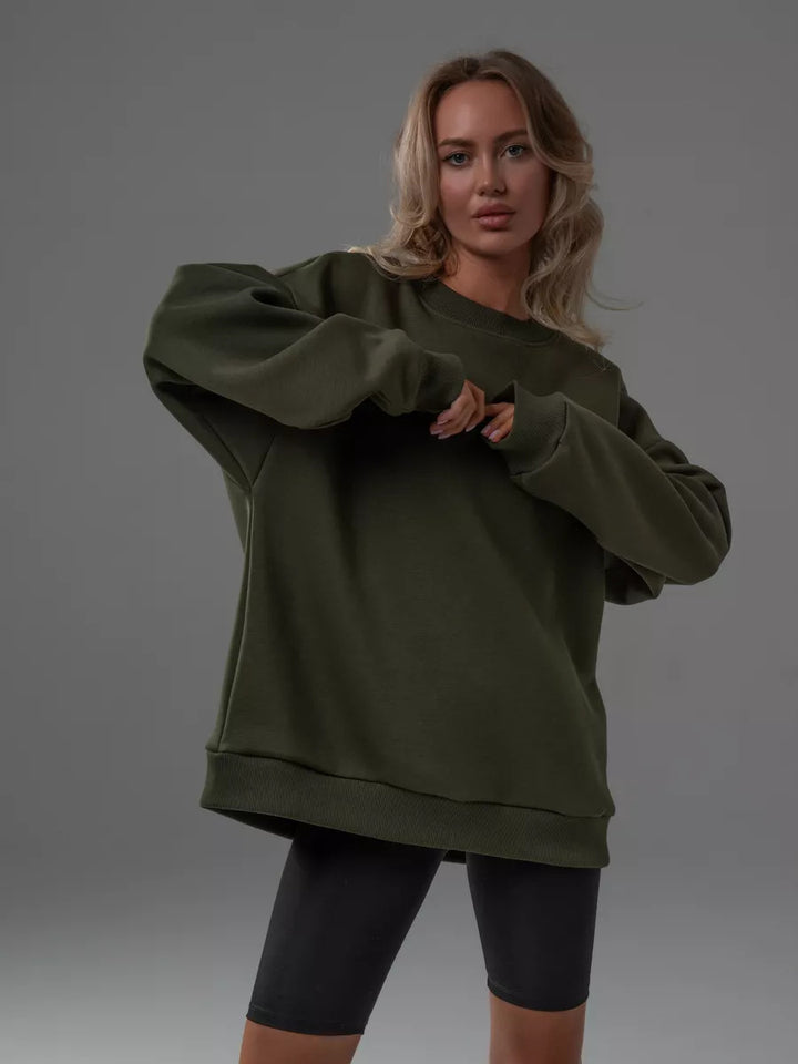 Damen oversized Sweatshirt mit Rundhalsausschnitt, French-Terry Innenfutter und überschnittener Schulter – Avérine