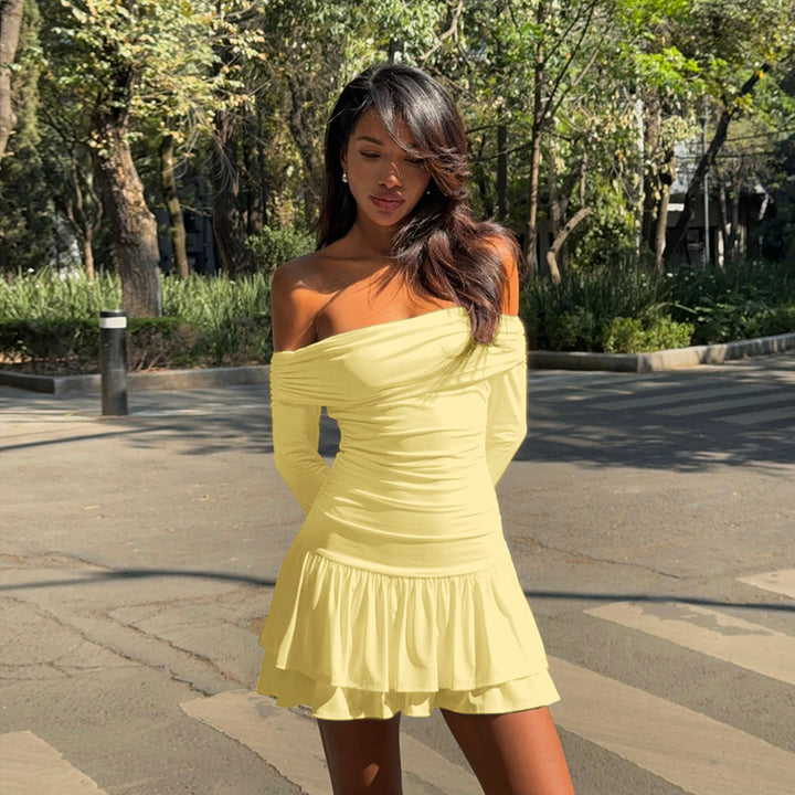 Damen Bardot-Minikleid mit Raffung, langen Ärmeln und Volantrock Echo Archiv