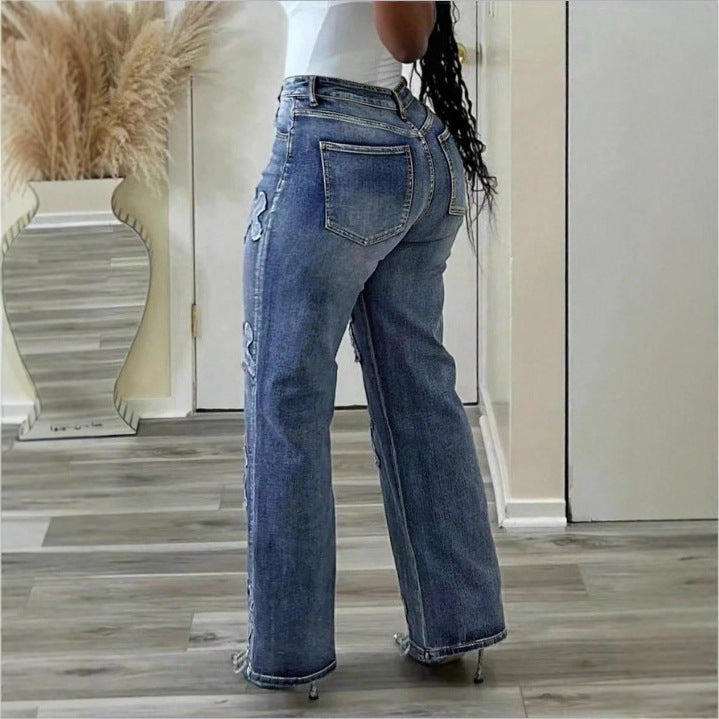 Damen Hochtaillierte Straight‑Leg‑Jeans mit Fransen‑Kreuz‑Applikationen Echo Archiv