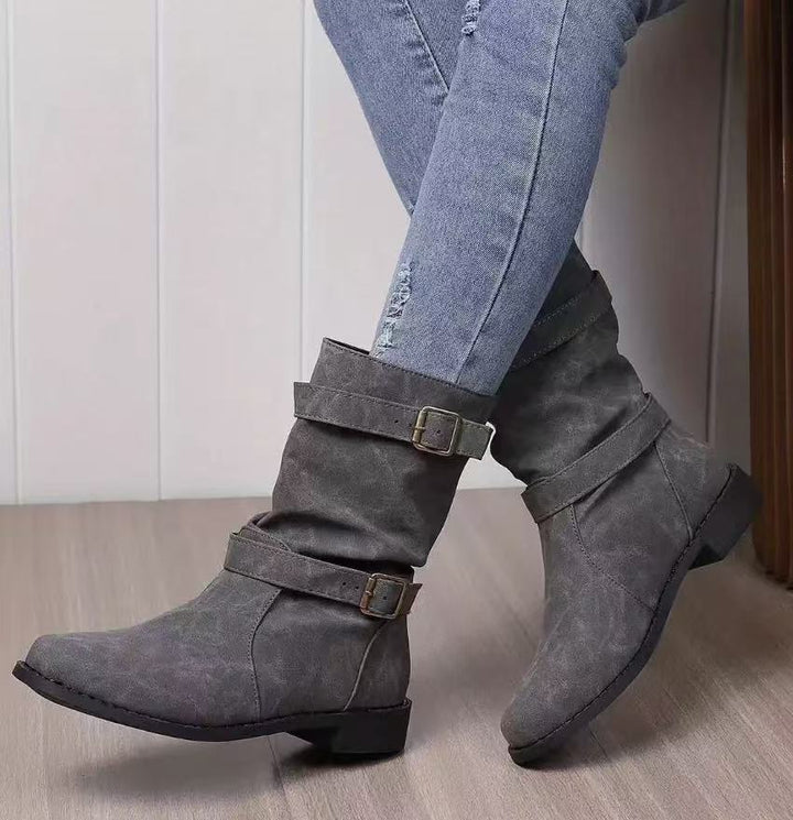 Damen Lässige Slouch-Stiefel mit verstellbaren Zierschnallen, flacher Profilsohle und weichem Kunstleder Echo Archiv