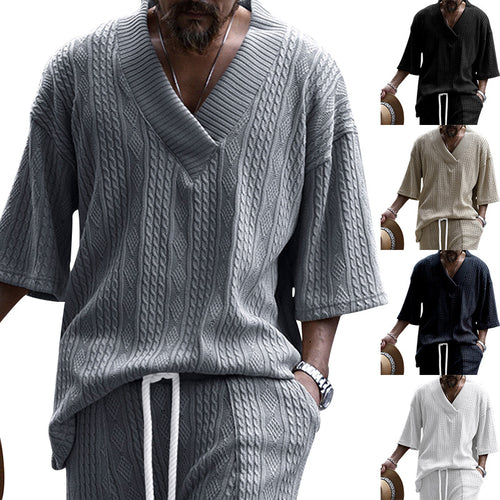 Herren nan großzügiger Grobstrick-Pullover mit tiefem V-Ausschnitt und dreiviertel Ärmeln Echo Archiv