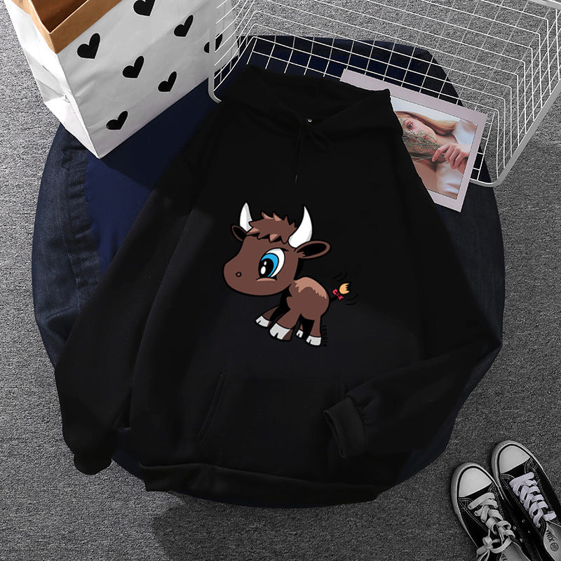 Damen Kapuzenpullover mit charmantem Stier-Karikaturprint, Kängurutasche und entspanntem Oversize-Schnitt – Auréline