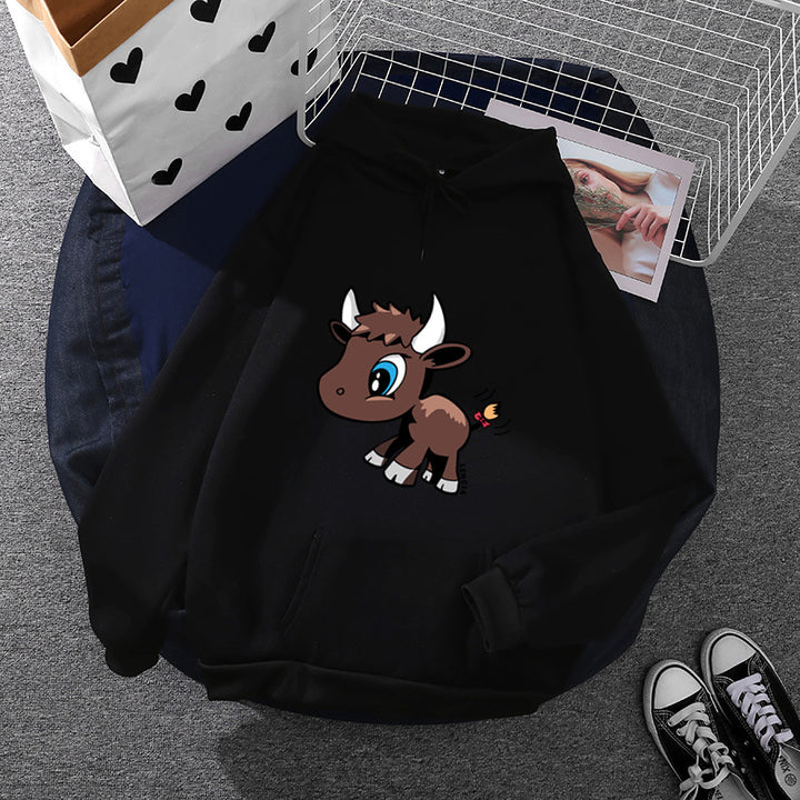 Damen Kapuzenpullover mit charmantem Stier-Karikaturprint, Kängurutasche und entspanntem Oversize-Schnitt – Auréline