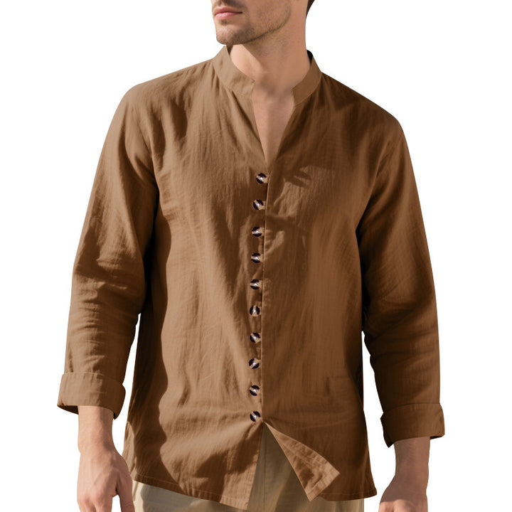 Herren lässiges Langarmhemd mit elegantem Stehkragen und schicken Knopfdetails Echoarchiv