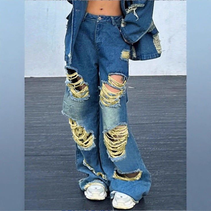 Damen weite Destroyed-Denim-Jeans mit Neonfransen-Applikation Echo Archiv
