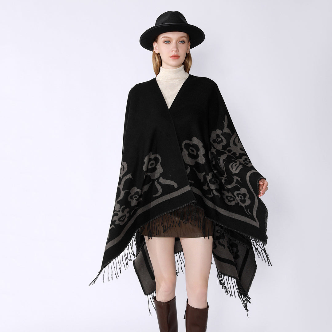 Damen Umhangponcho mit floralen Jacquard-Panels und Fransensaum – Célinea