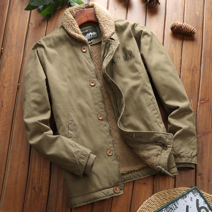 Herren Vintage-inspirierter Canvas-Fliegerblouson mit voluminösem Sherpa-Futter, zweifacher Frontöffnung und verstärkten Taschen Echoarchiv