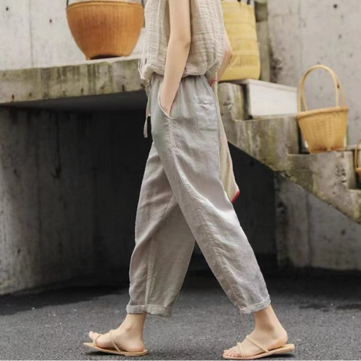 Damen lässige Leinenhose mit elastischem Bund und seitlichen Taschen Echoarchiv