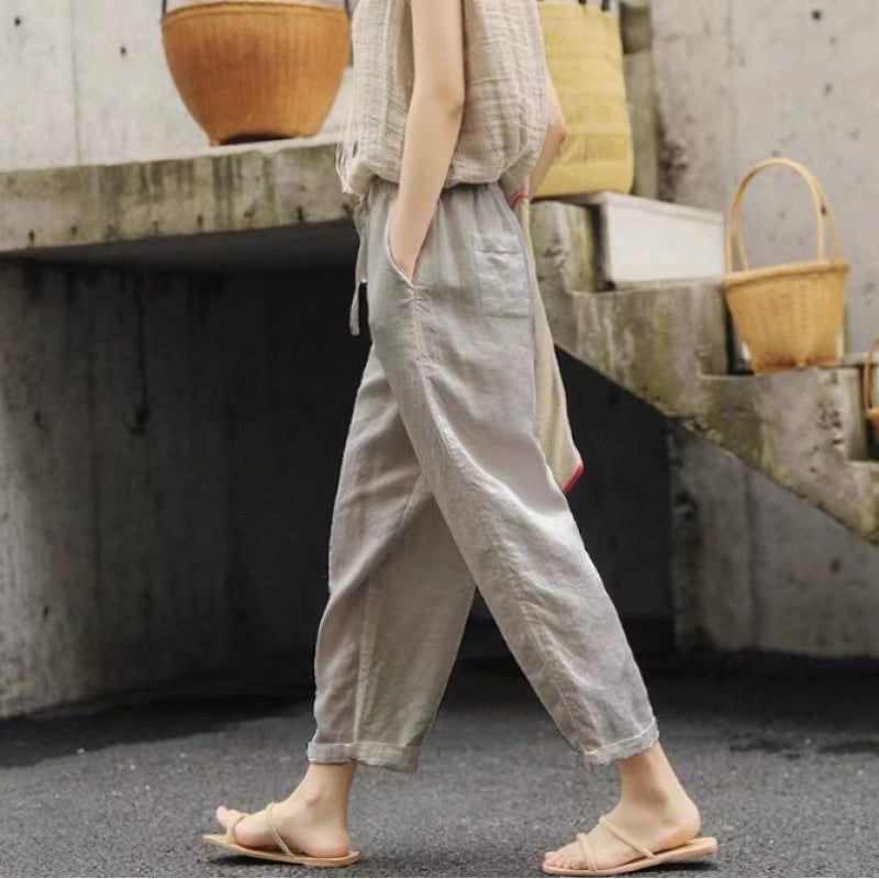 Damen lässige Leinenhose mit elastischem Bund und seitlichen Taschen – Avélisse