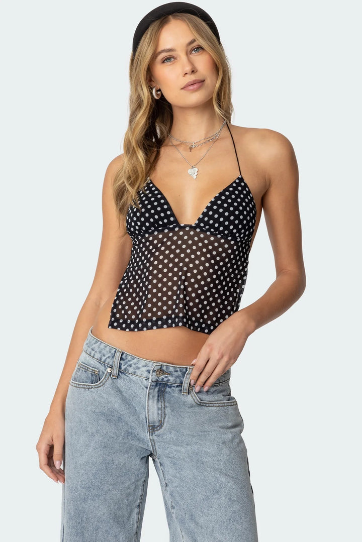 Damen Polka Dot Top mit zarten Trägern und figurbetontem Schnitt Echo Archiv