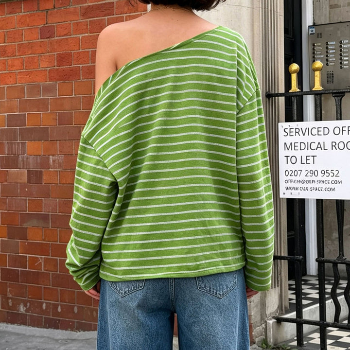 Damen Oversize-Langarmshirt mit breitem Ausschnitt, maritimem Streifen und relaxed Fit – Avérine