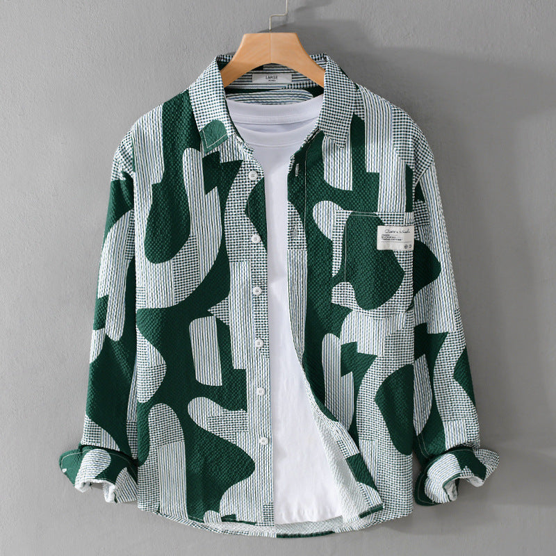 Herren Lockeres gemustertes Baumwoll-Overshirt mit Crinkle‑Struktur Echoarchiv