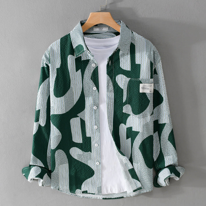 Herren Lockeres gemustertes Baumwoll-Overshirt mit Crinkle‑Struktur Echoarchiv