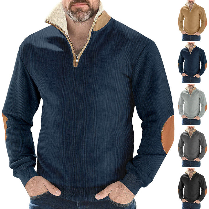Herren nan Strukturstrick-Halbzipppullover mit wärmendem Sherpa-Kragen und Velours-Ellenbogenapplikation Echo Archiv